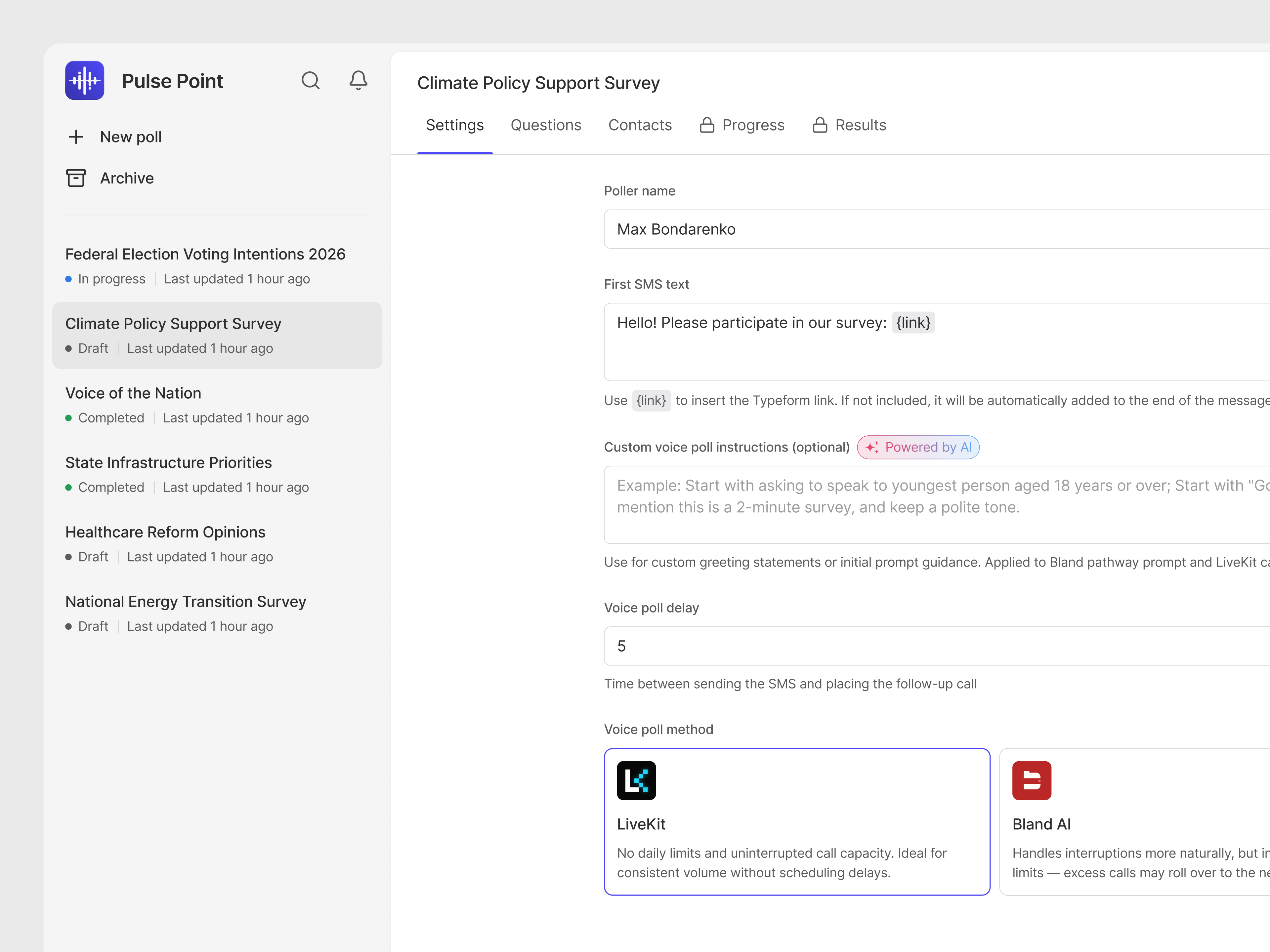 Survey settings with the list of surveys in the sidebar