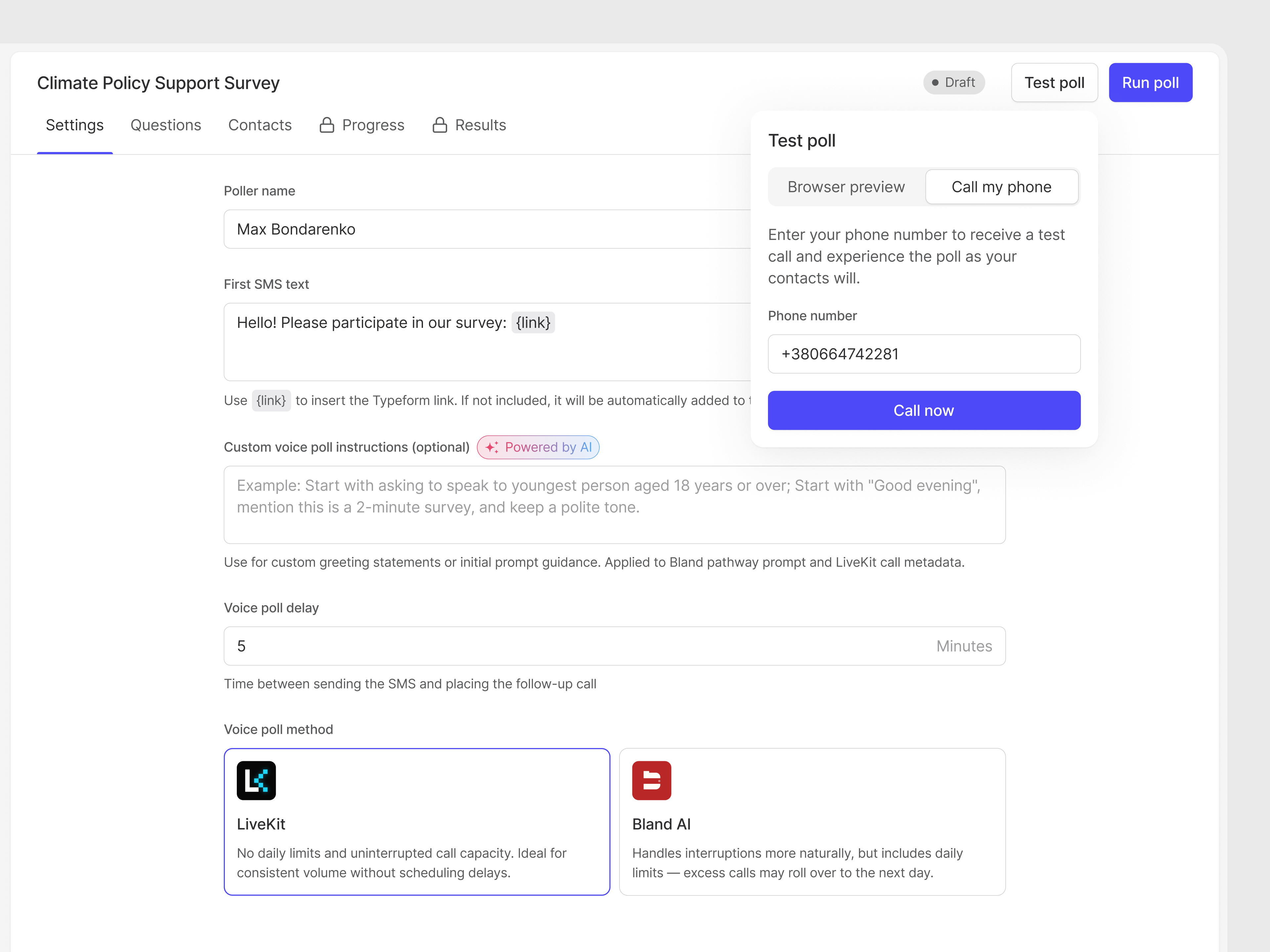 Survey settings with the test poll pop-up and the choice of voice provider