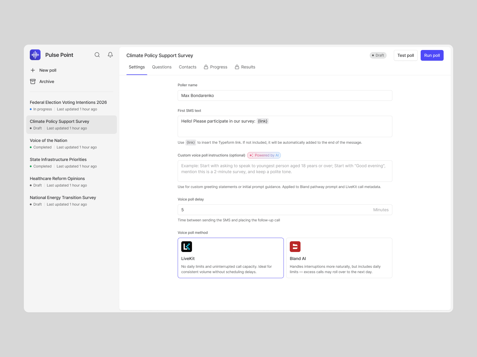 Survey Setup Screen