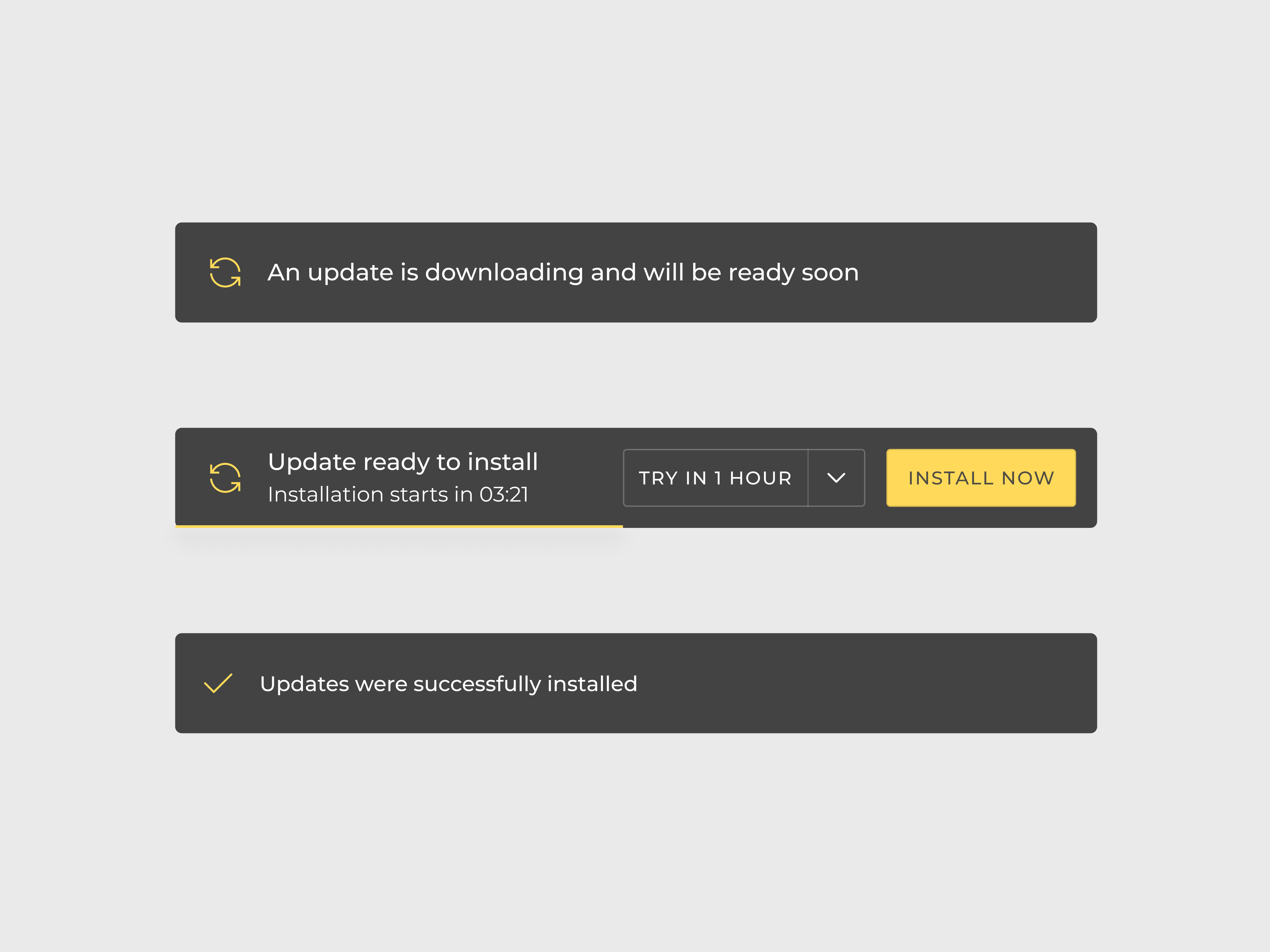 Update notification bars: downloading, ready to install, installed