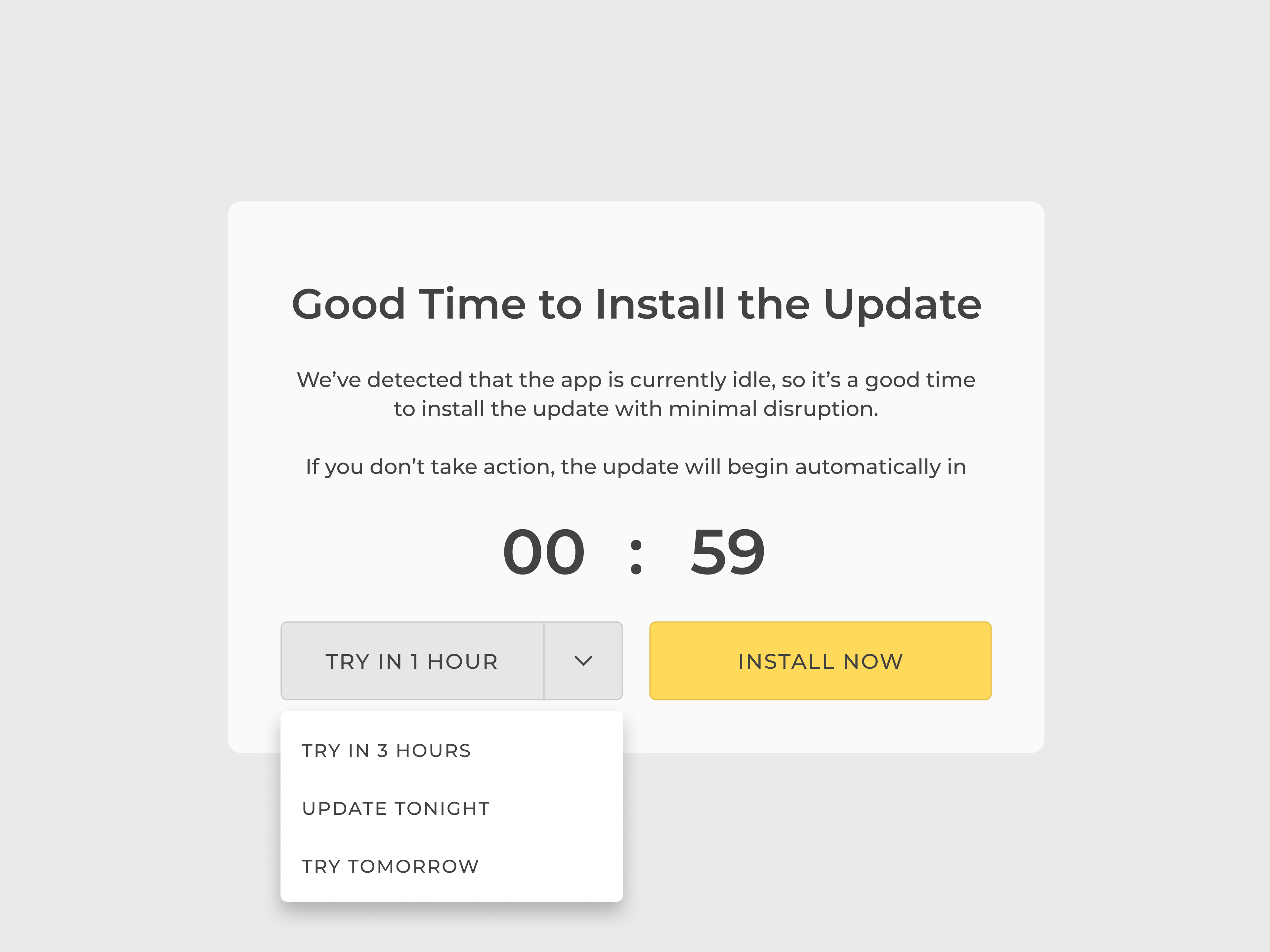 Idle pop-up suggesting to install the update now, with a countdown and postpone options
