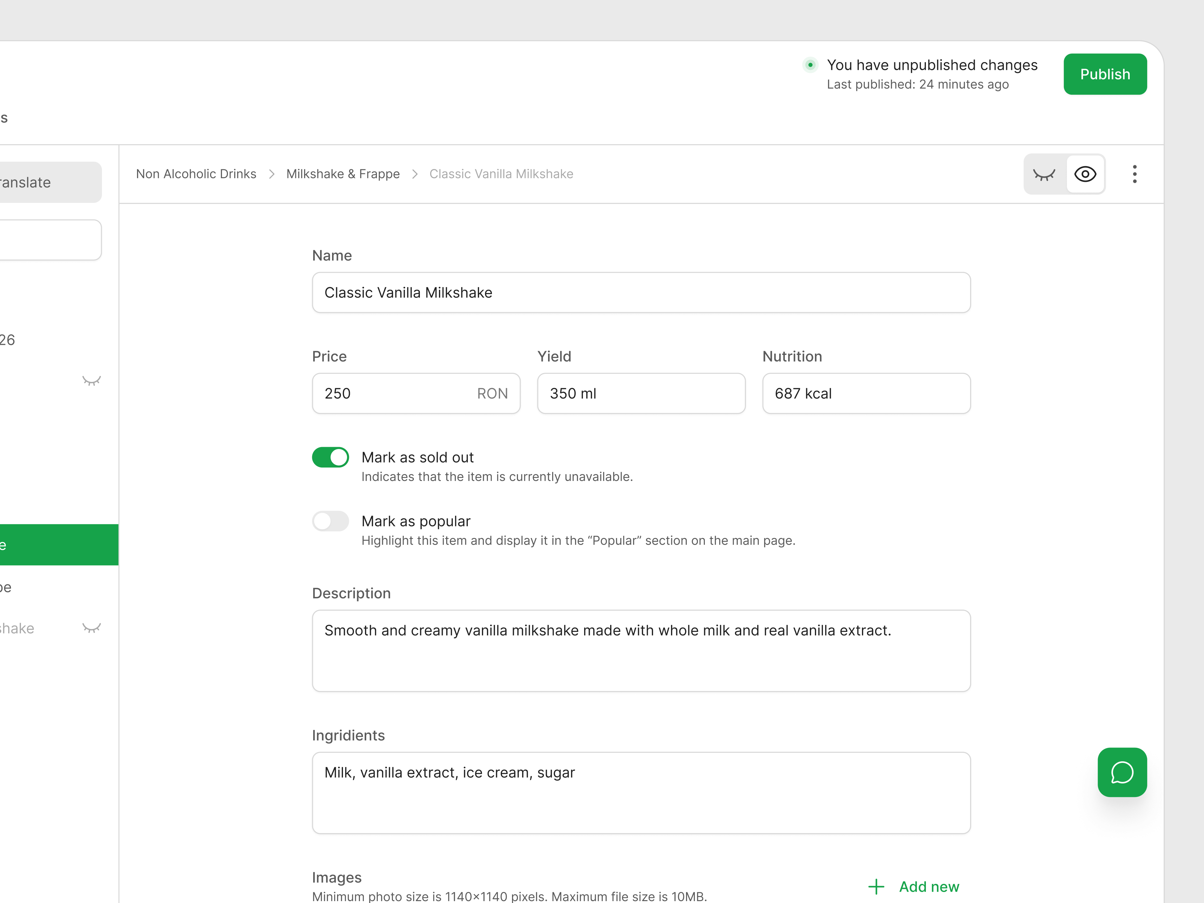 Menu product editor with an uploaded photo