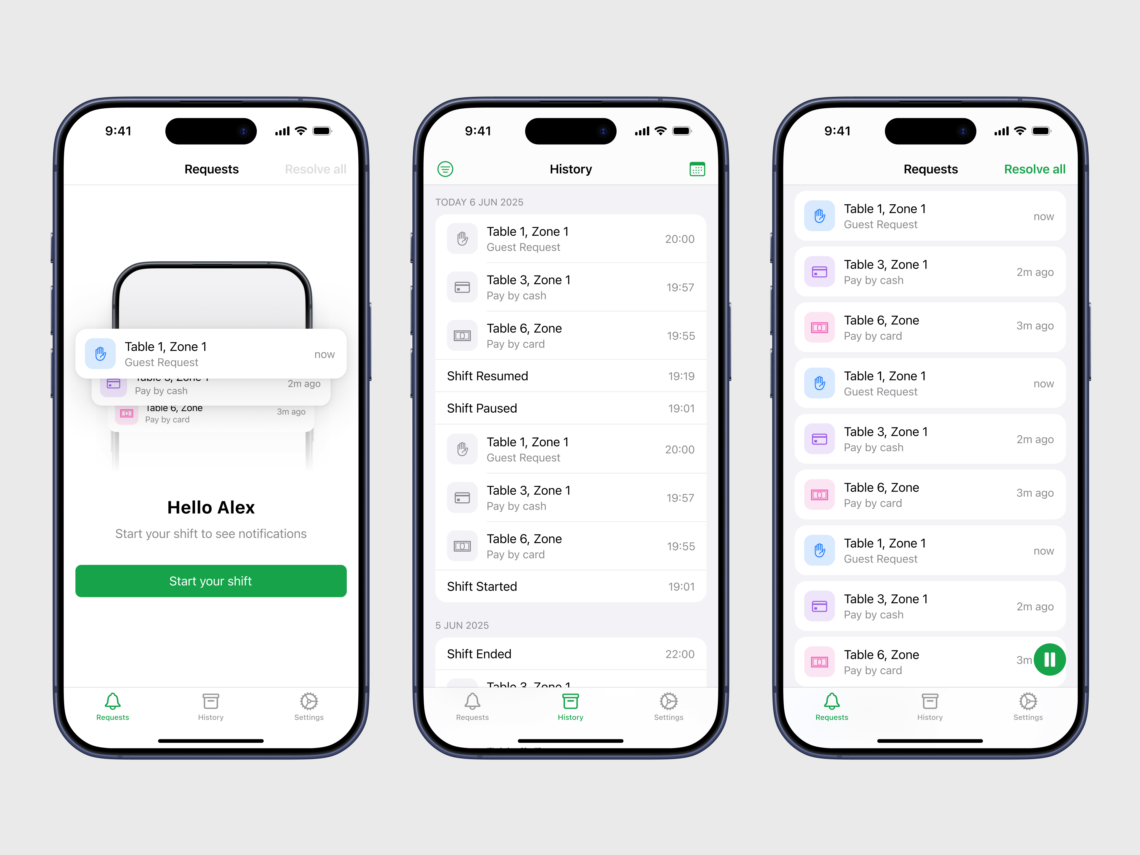 Waiter app screens
