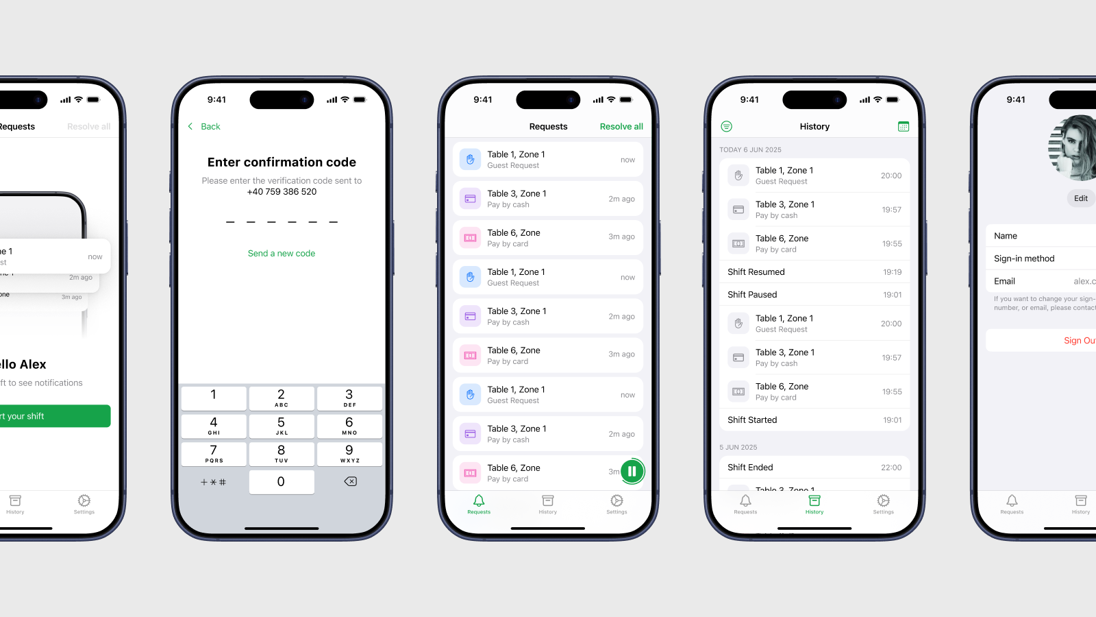 Waiter app screens